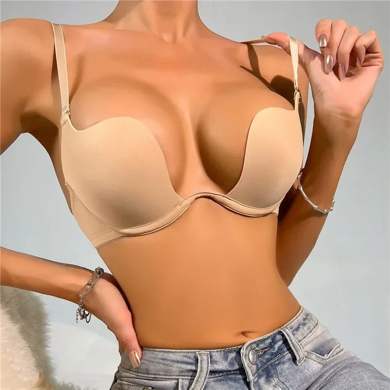 Push Up Bra Backless Women Bras Low Cut Sexy Plunge Brassiere Open Back Wedding Underwear Invisible Seamless Deep U Lingerie