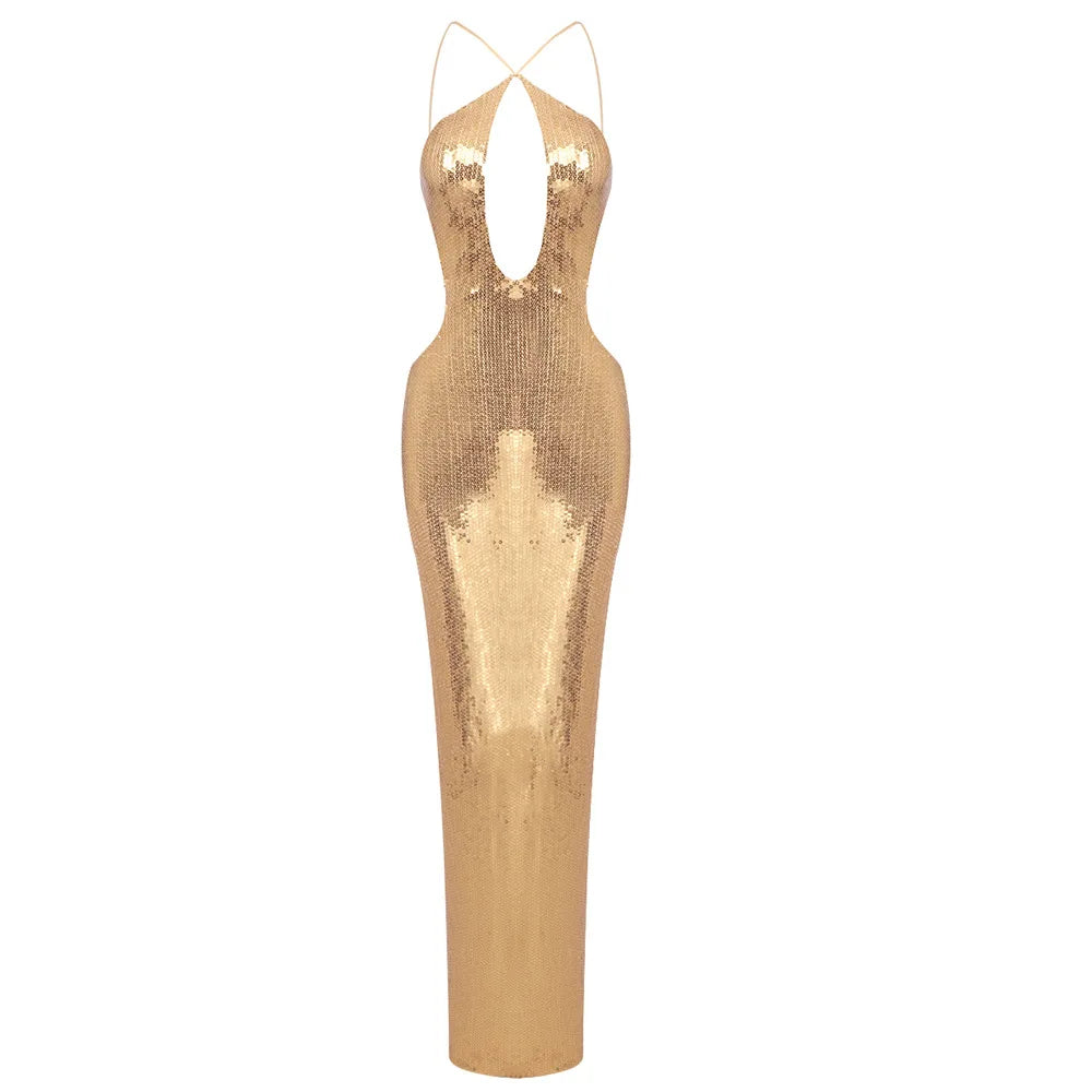 Sexy Sequin Halter Black Long Dress with Deep Plunge Cut-out – Summer New Backless Club Nights DJ Party Birthday Evening Dresses