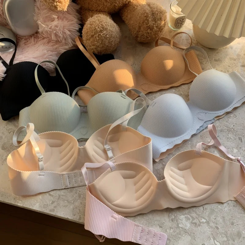 Sexy Push-Up Bra Women's Non-wire Ribbed Bralette Soft Fixed Half-Cup Underwear Seamless Invisible Bra Small Chest Lingerie S-XL