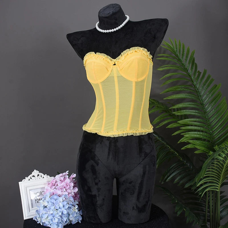Women Sheer Lingerie Streetwear Lace-up Bustier Corset Tops Slim Backless y2k Tank Top Strapless Striped Sheath Sexy Camisole