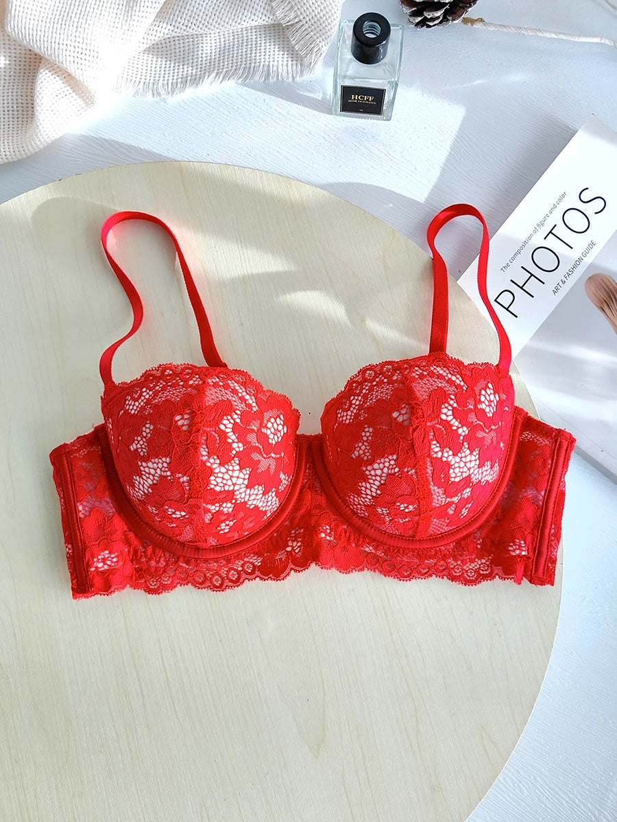 Removable double straps sexy lace gathered soft steel ring bra up support small breasts show large half cup underwear