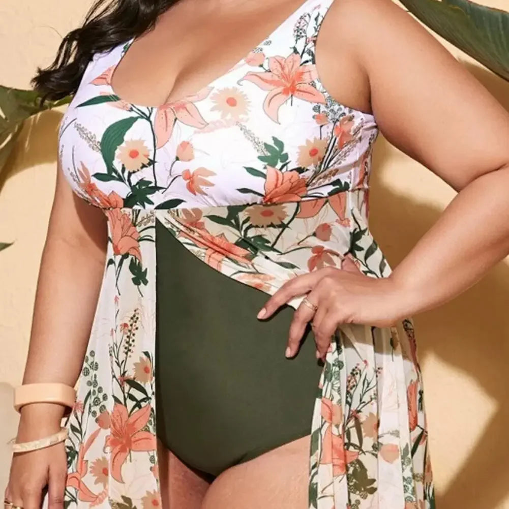 Plant Print Split Hem Monokini Flattering Plus Size One-piece Swimsuits for Women U-neck Summer Skirt Style Split Bathing Suit