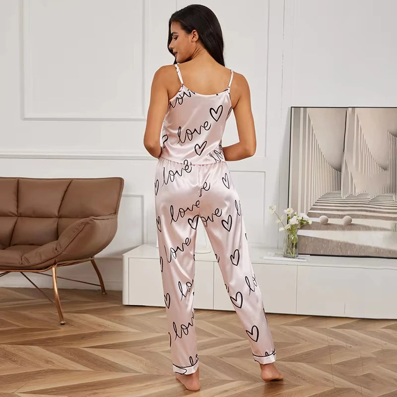 Womens Love Print Satin Pajama Set Cami Top and Pants Two Piece Sleepwear Loungewear for Summer Daily Home Wear