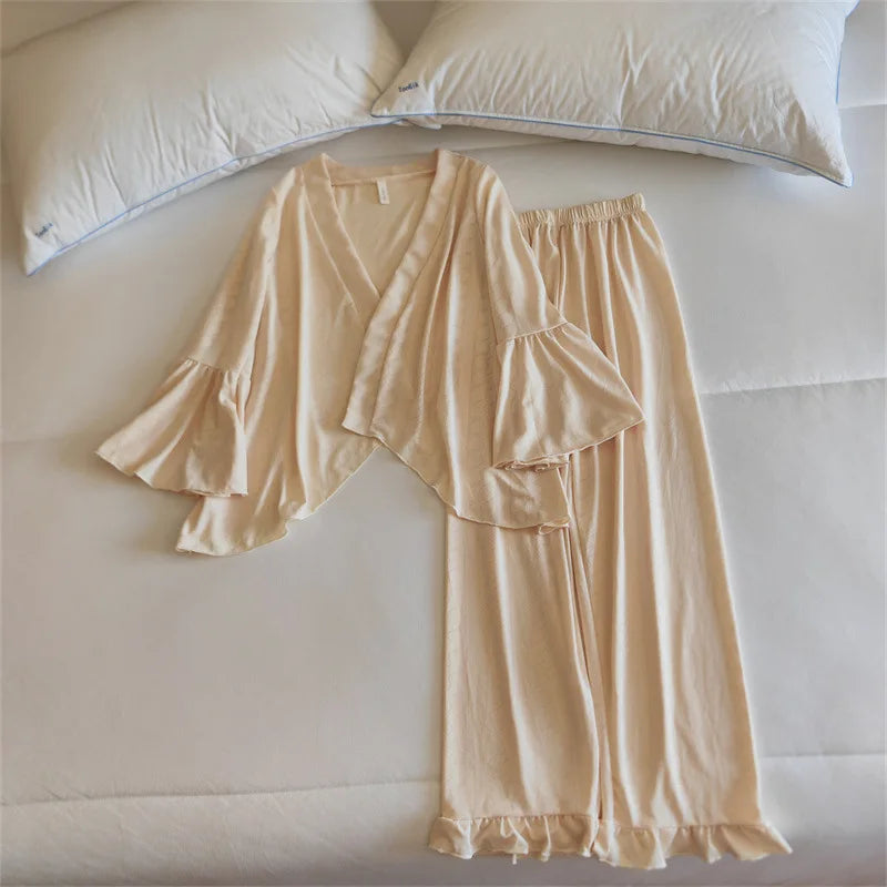 Pajama Set Woman New Chest Pad Sleepwear Ladies Night Wear Clothes Long Sleeve Trousers Suit Cotton Home Pijama De Mujer 3 Pcs