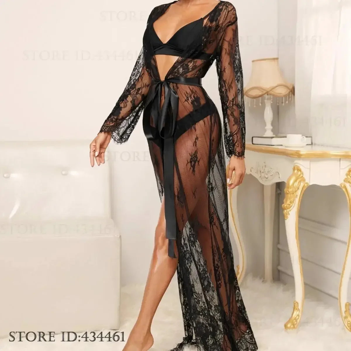 Temptation Perspective Lace Long Robe Nightgown Intimate Lingerie Sexy Mesh Kimono Bathrobe Gown Loose Casual Home Dress Pajama