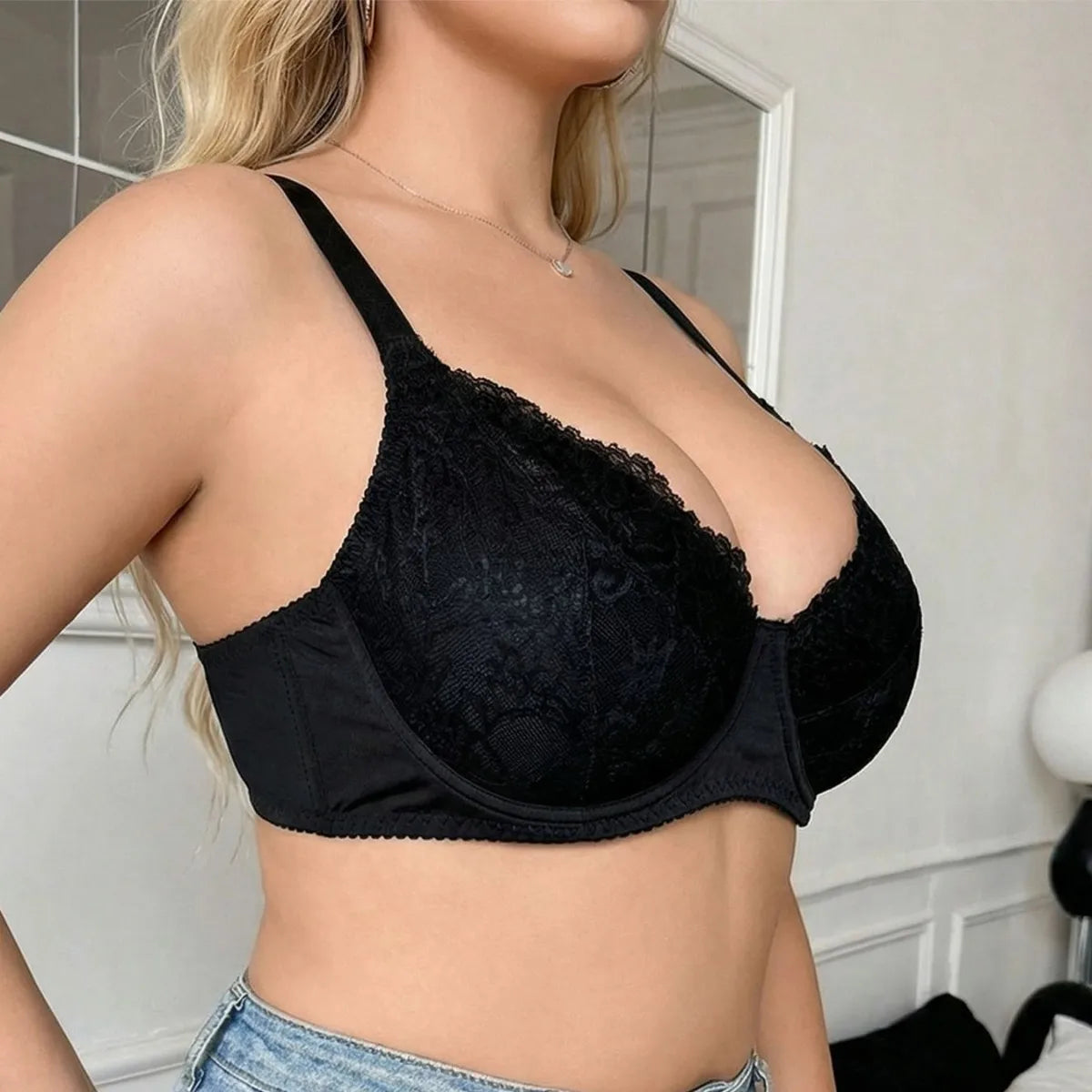 Plus Size Black Lace Underwire Push Up Bra Full Coverage Unlined Minimizer For Large Bust Daily Wear Lingerie For Women