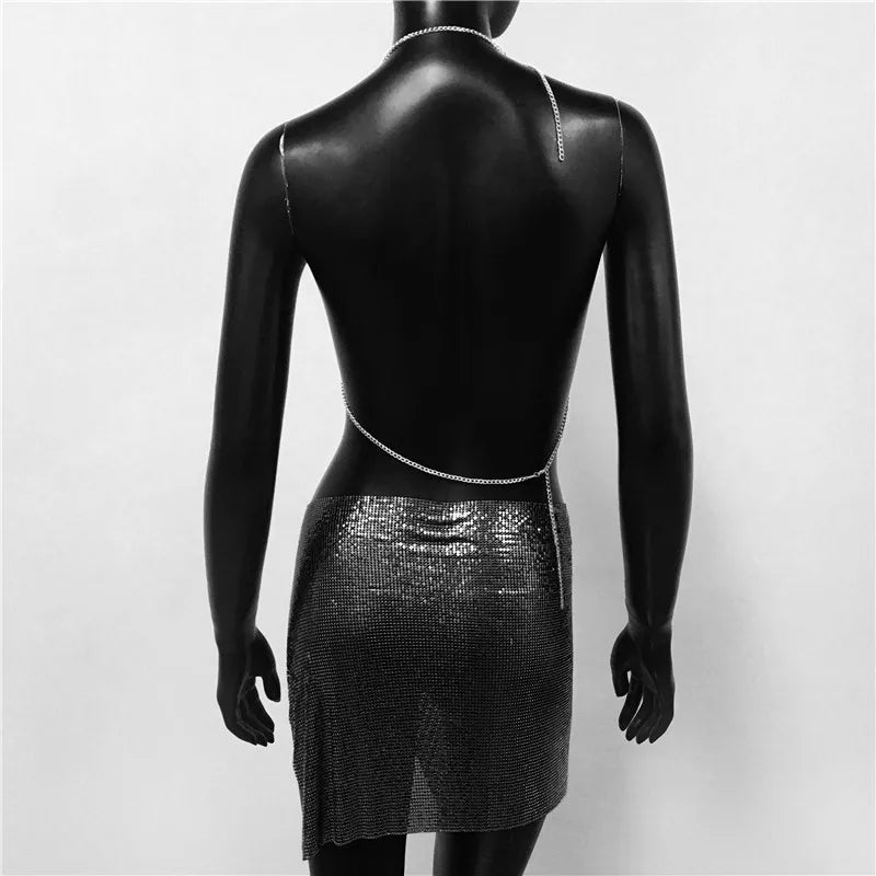 Sexy Metal Sequins 2 Piece Set Women Sleeveless Deep V Neck Backless Halter Tank Tops Split Mini Skirts Beach Party Outfits