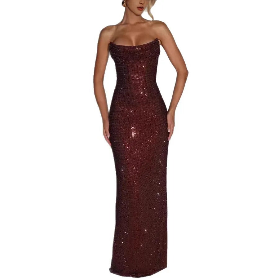 Sexy Socialite Sequin Tube Top Evening Dress Folds Low Cut Backless Leace-up Package Hip Slim Party Dresses Banquet Vestidos