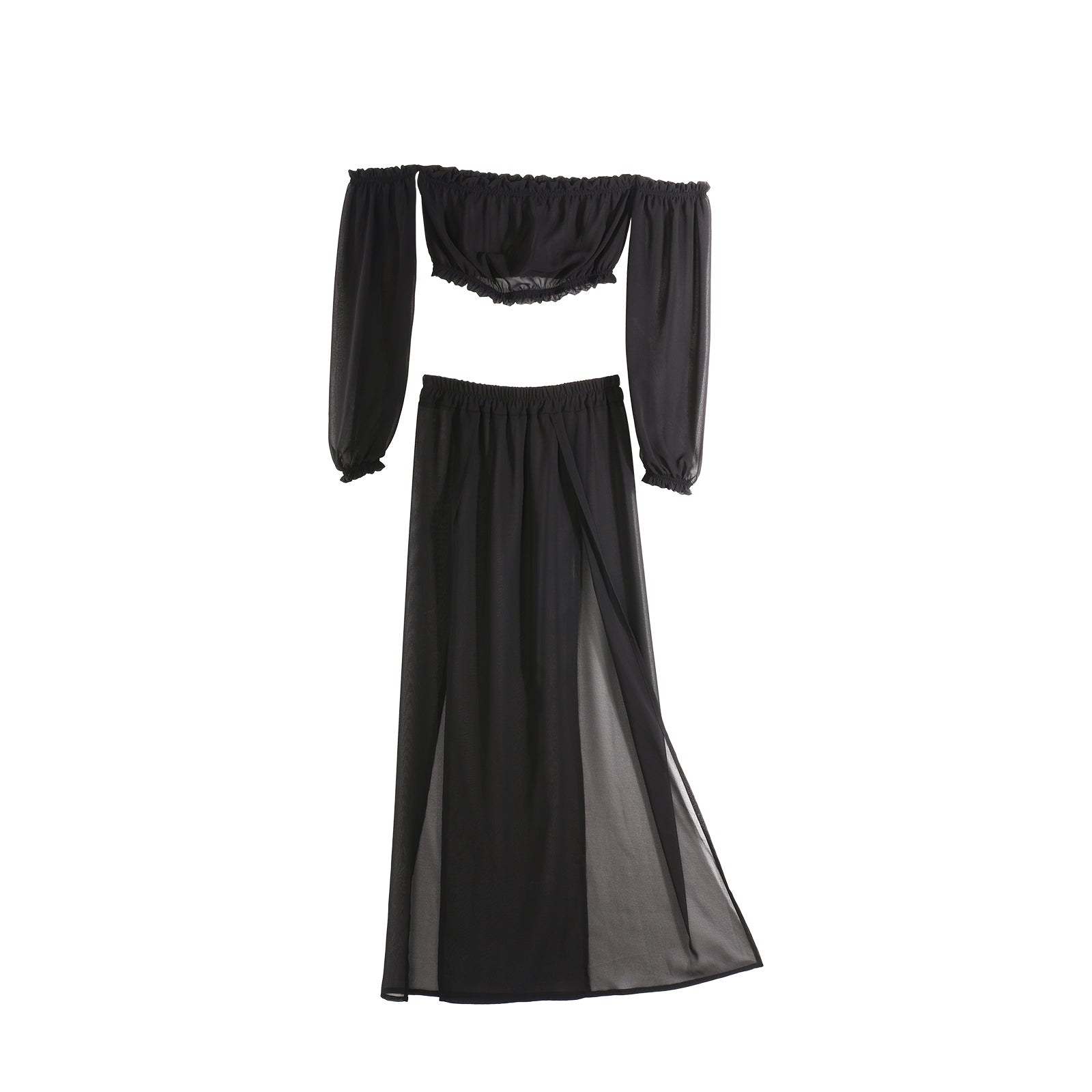 Summer Women Bikini Cover Ups Solid Color Long Sleeve Off Shoulder Tops High Waist Split Skirts 2pcs Swimsuit Bathing Suit