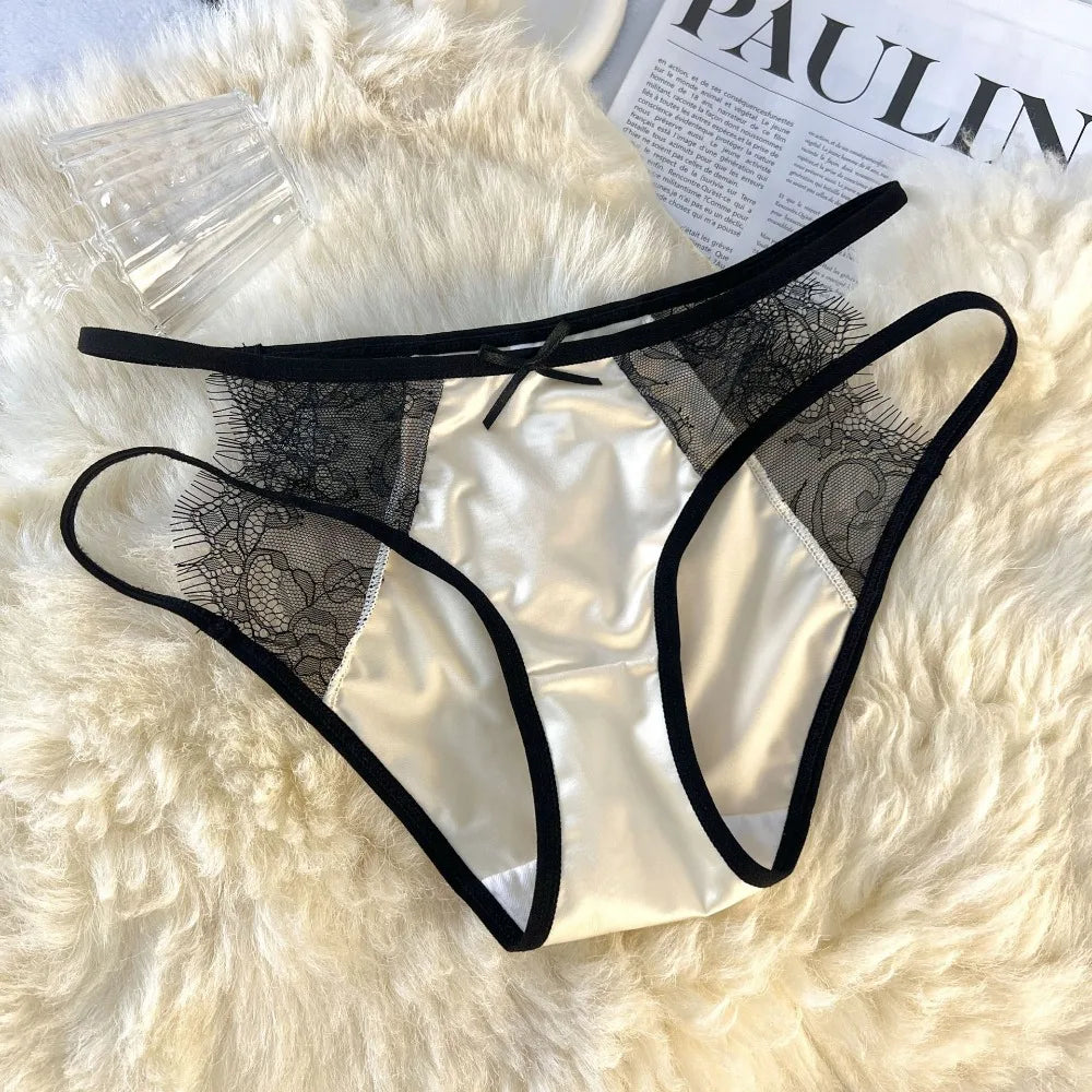 Lingerie Low Waist Underwear for Women Bow Transparent Sweet Lace Panties Hollow Mesh Satin Silk Briefs Girl