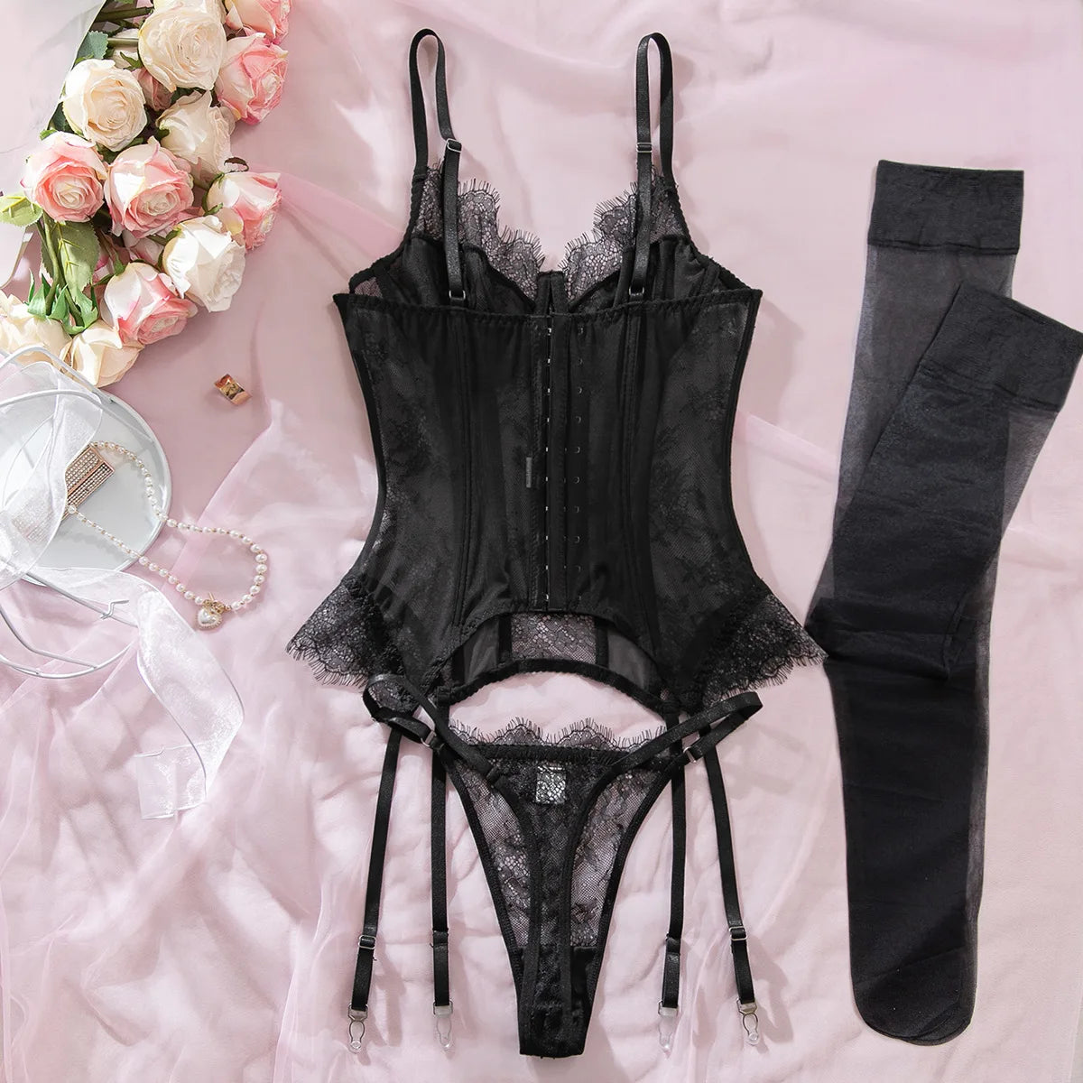 Sexy Lace Corset Lingerie Set for Women Push Up Bustier Bodysuit Boned Waist Cincher Garter Belt Stockings Erotic Underwear Set