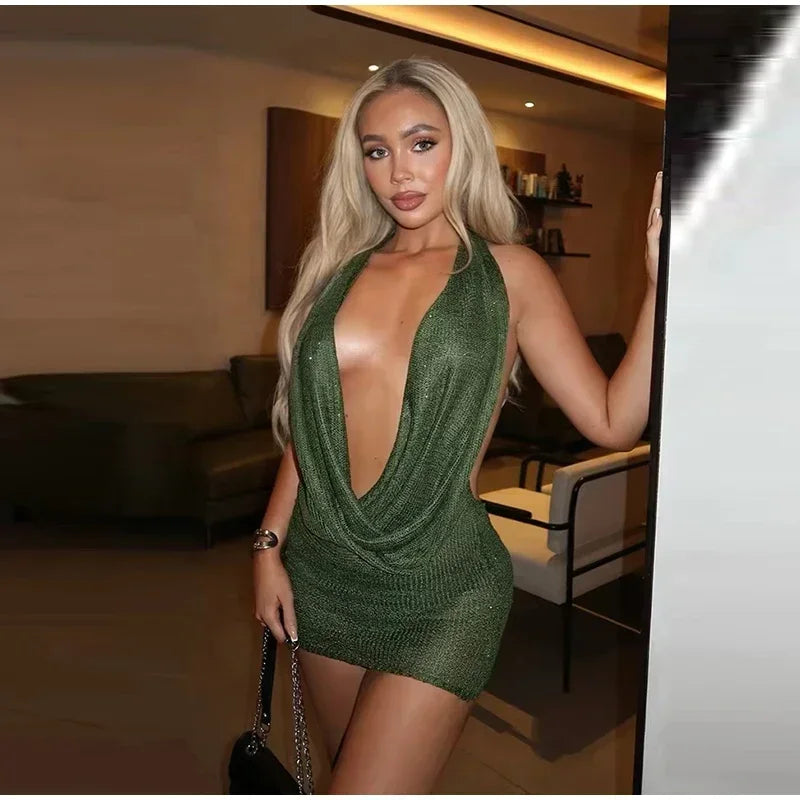 Sexy Sequin Halter Short Dress Women Backless Sleeveless Hip Package Party Dresses Female Summer Chic Night Club Robe Lady