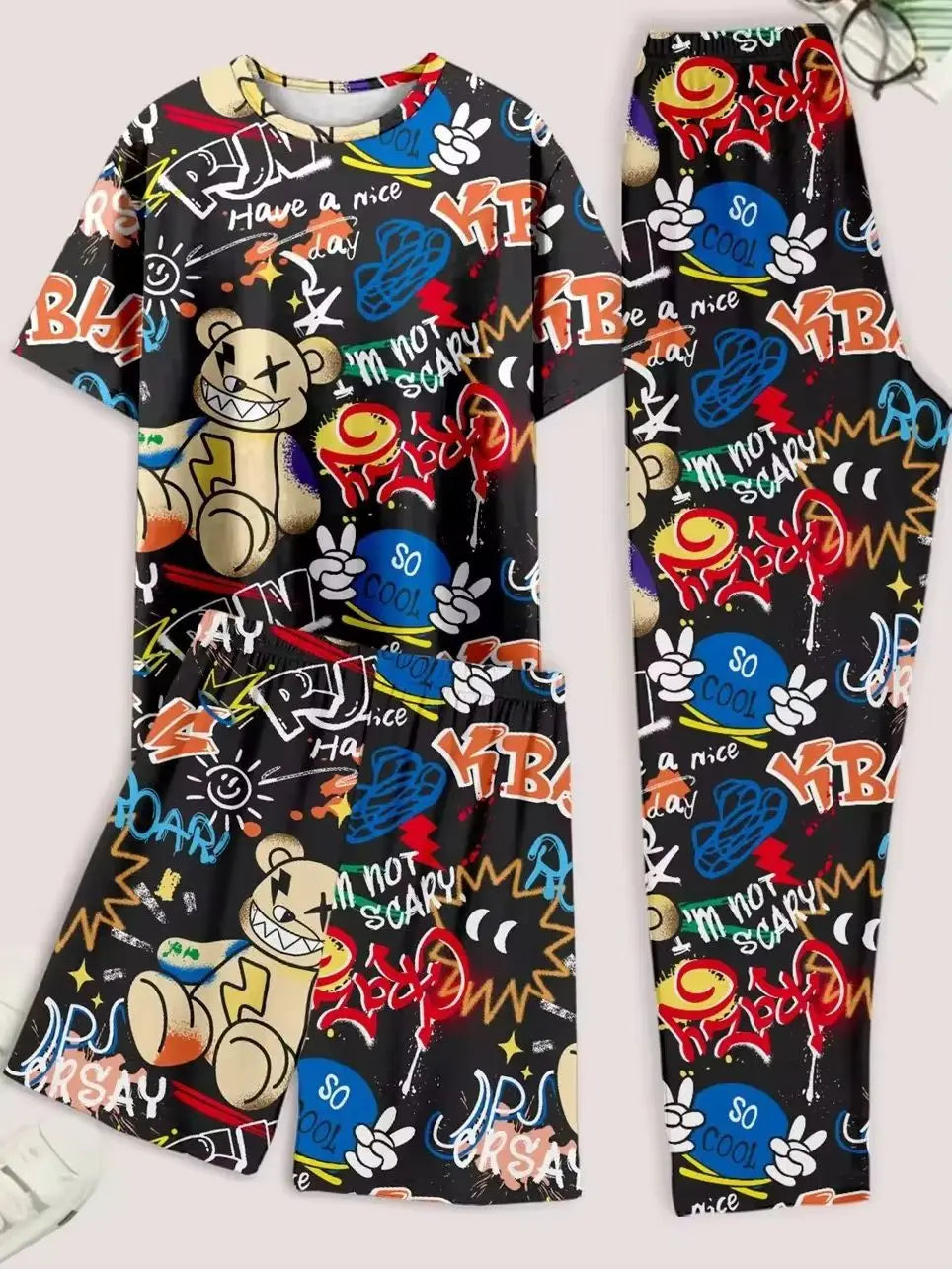 Men's casual pajama set of 3 pieces, bear-print short-sleeved T-shirt, shorts, and pants, comfortable summer clothing