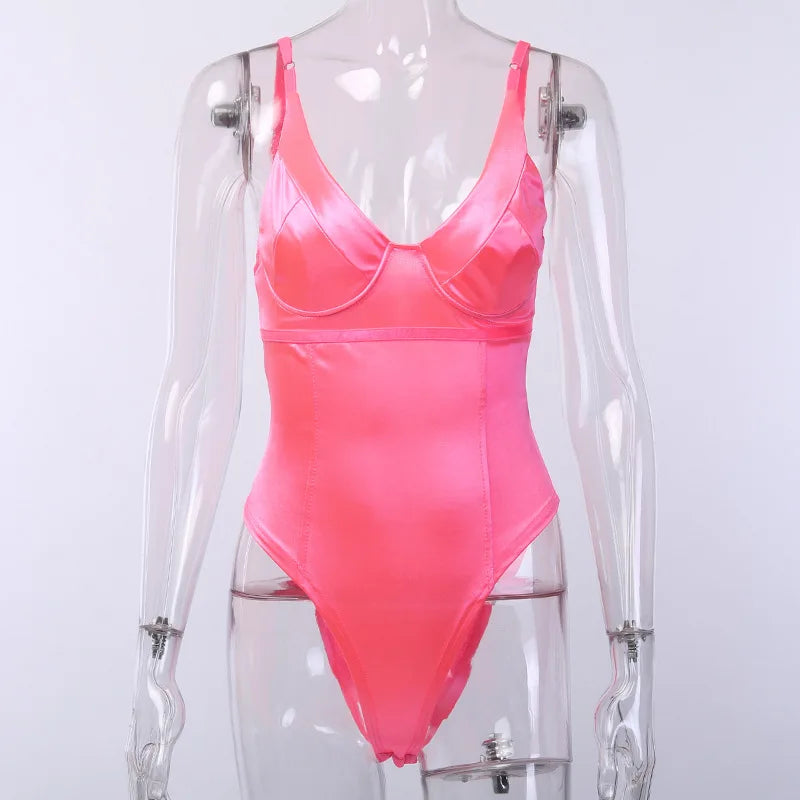Skinny Sexy Bodysuit Lingerie V-neck Body Feminino Bright Silk One-pieces Tops Women Rave Outfit Sleeveless Lenceria Femenina