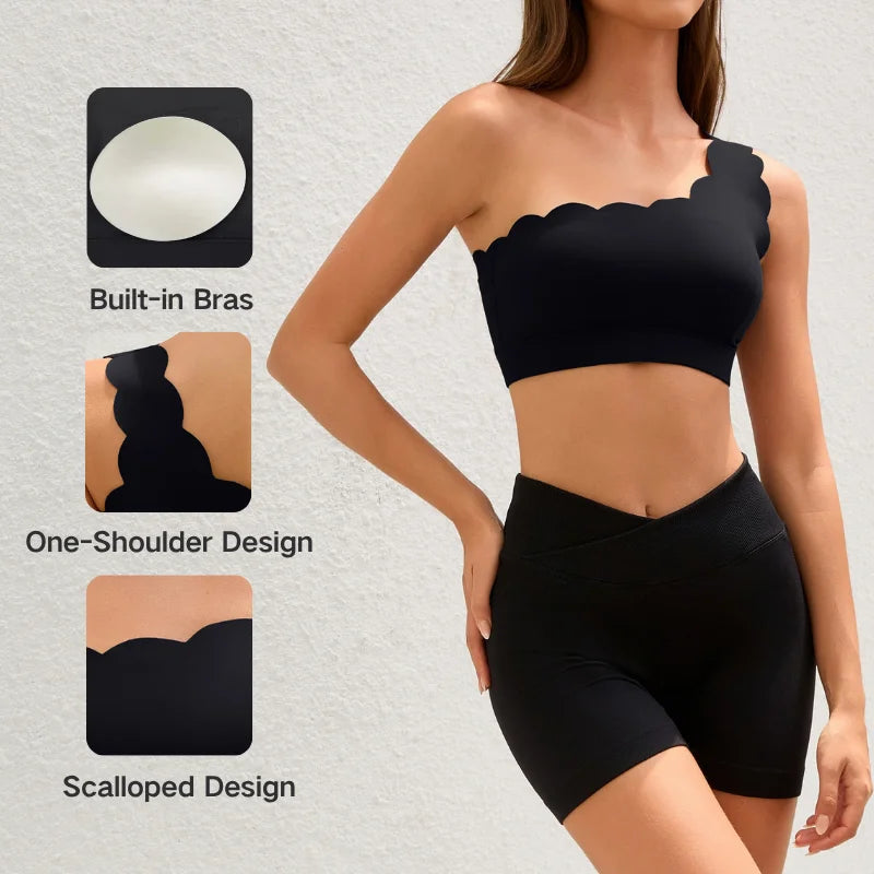 Anfilia Women Sports Bras Fashion Fitness One-Shoulder Design Scalloped Built-In Bras Quick Dry Breathable Yoga Gym Running Tops