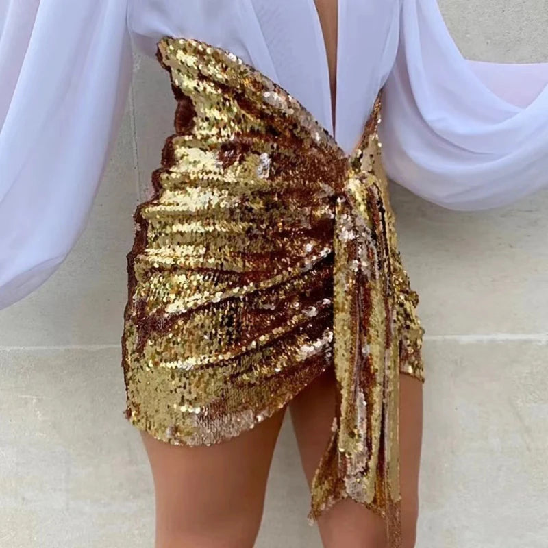 Sexy Vacation Sequined Irregular Pleated Skirts High-Waisted Slim Skirts 2026 Fashionable Spring/Summer Golden Zippers Skirt