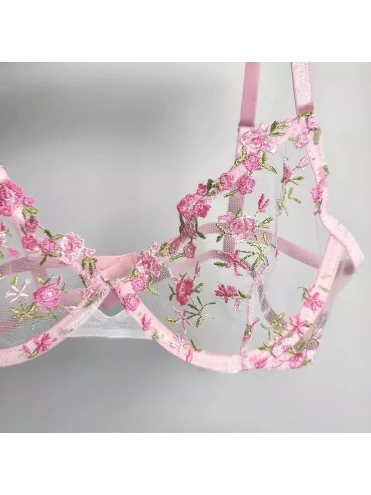 Sexy Lingerie Set - Pink French Lace Bra|G-stringFloral Embroidery Women's Underwear,Sweet Push Up Bra Set,Valentine's Day Gift
