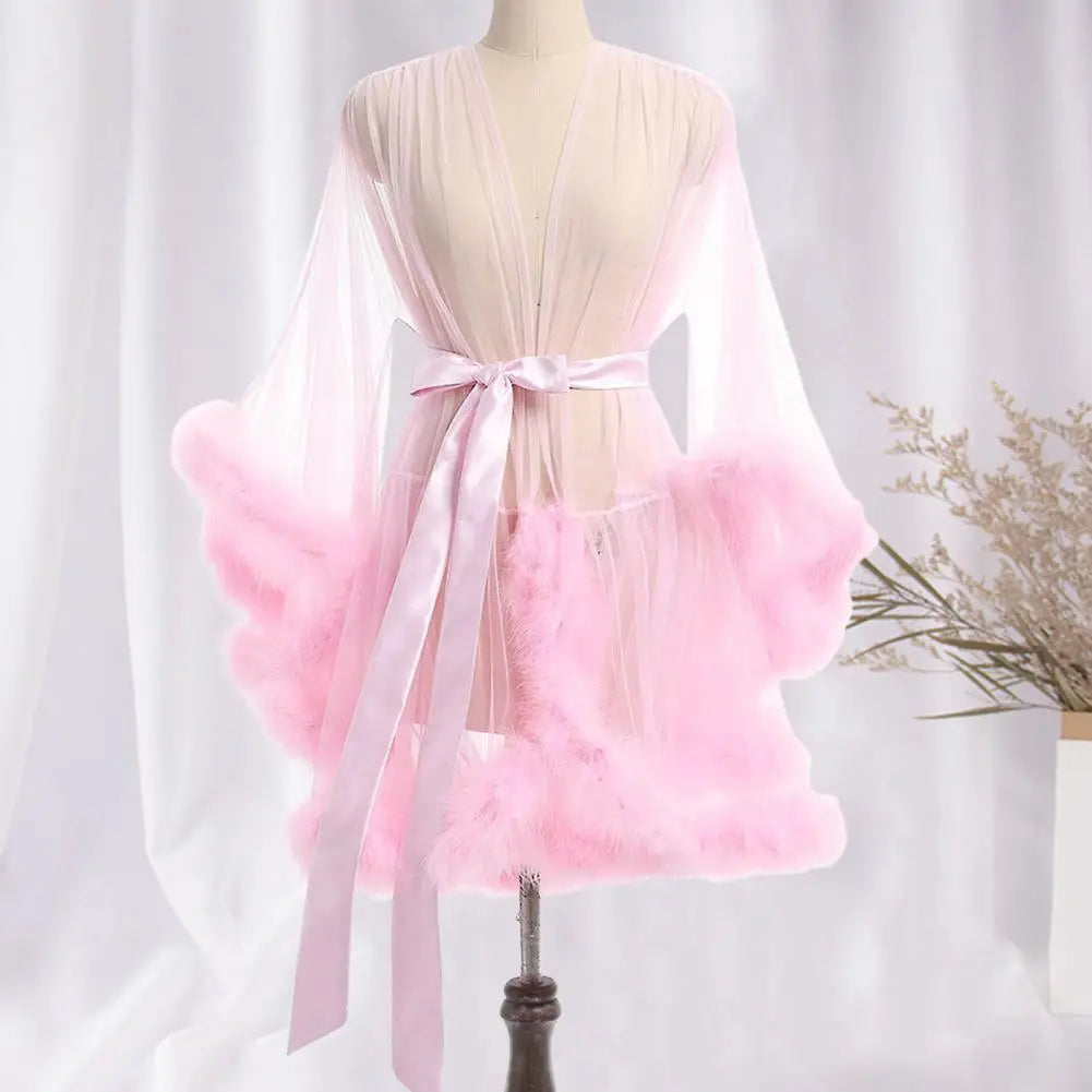 Female Sheer Shapewear Robes Fashoin Long Sleeve Plush Spliced Thin Lingerie Women Lace Up Erotic Midi Long Sexy Robes