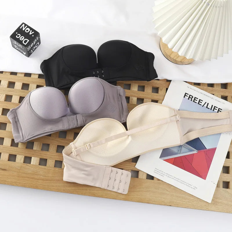 Strapless Non Slip Invisible Bra for Women Front Closure Adjustable Push Up Bra Bralette with Breathable Gather Backless Bra