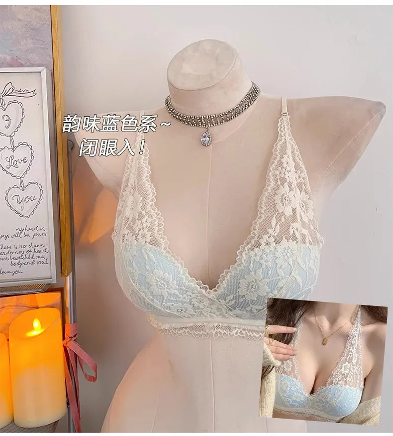Lace Halter Backless Bra Push Up Small Bust Sexy Pure Desire Back Beauty Women Young Girl Fashion Intimates Underwear New Trend