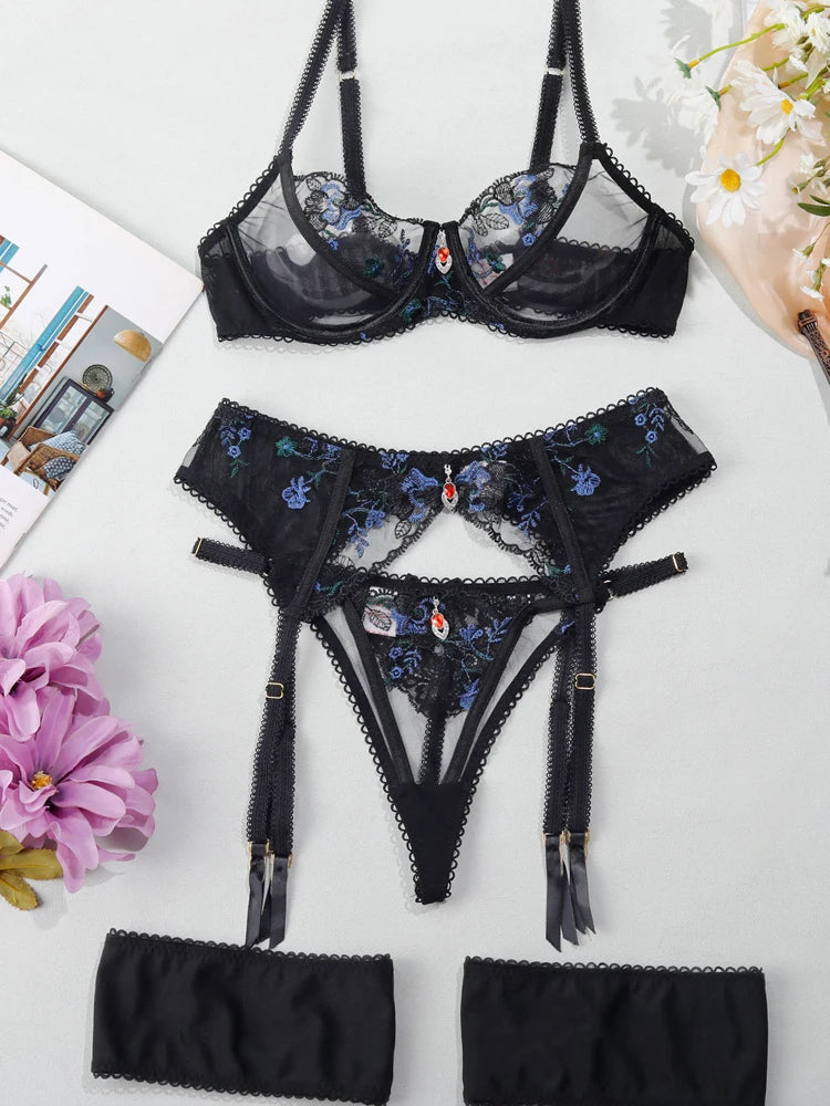 Lingerie Women Sets Sexy Night See Through Lace Bra Panty Set Floral Garter Underwear Intimate Outfit Exotic Clothing