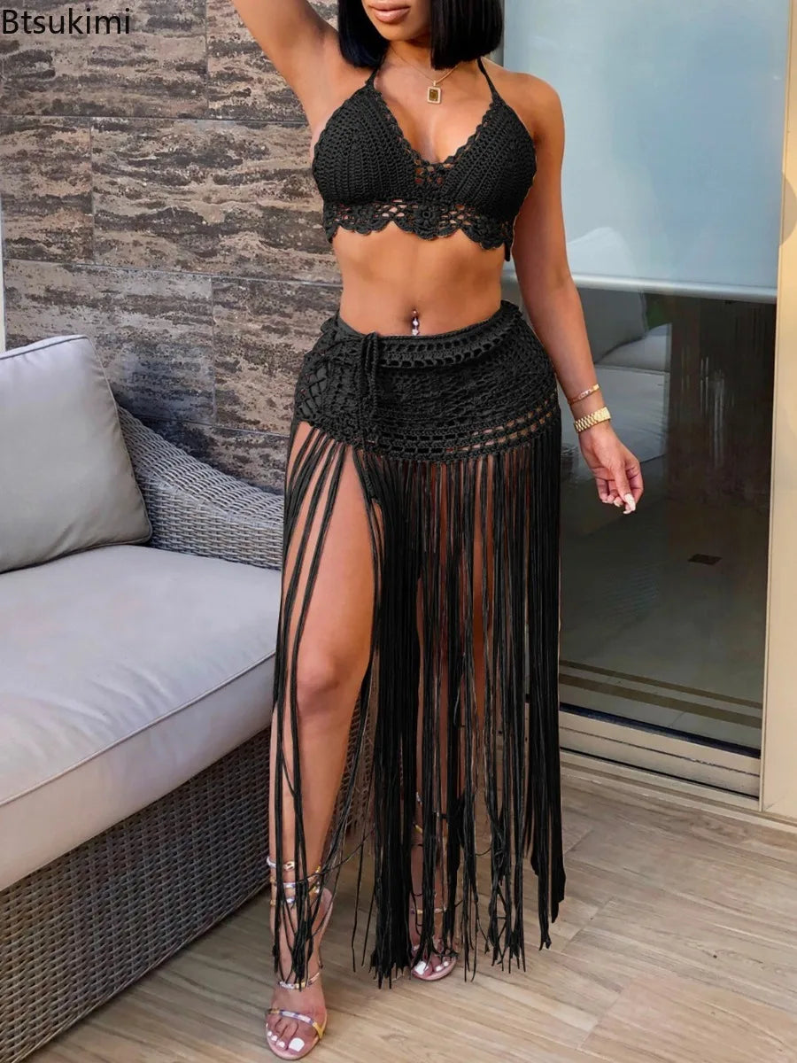 New Women's Two Pieces Swimsuits Beach Style Knitted Bikini Tops High Waist Tassel Long Skirts Female Sexy Cover Up Bikini Sets