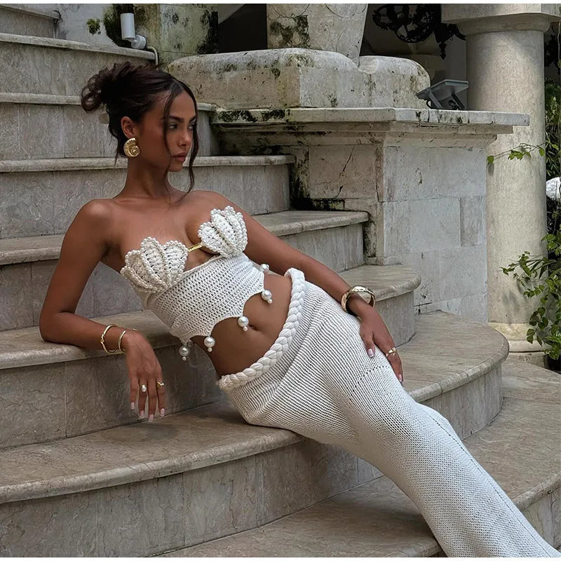 Sexy Crochet Hollow Out Pearl Skirt Set Women White Crop Bikini Tops Slim Hip Package Skirts 2026 Spring Lady Beach Outfits New