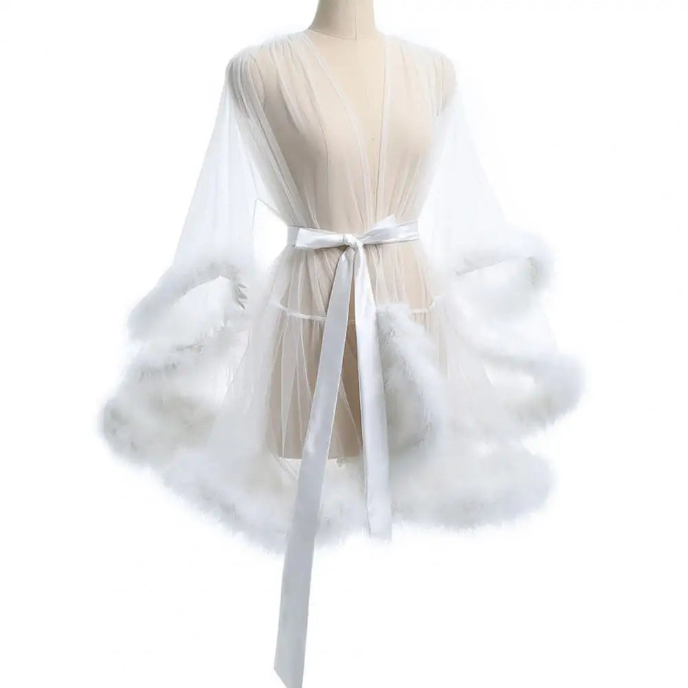 Female Sheer Shapewear Robes Fashoin Long Sleeve Plush Spliced Thin Lingerie Women Lace Up Erotic Midi Long Sexy Robes