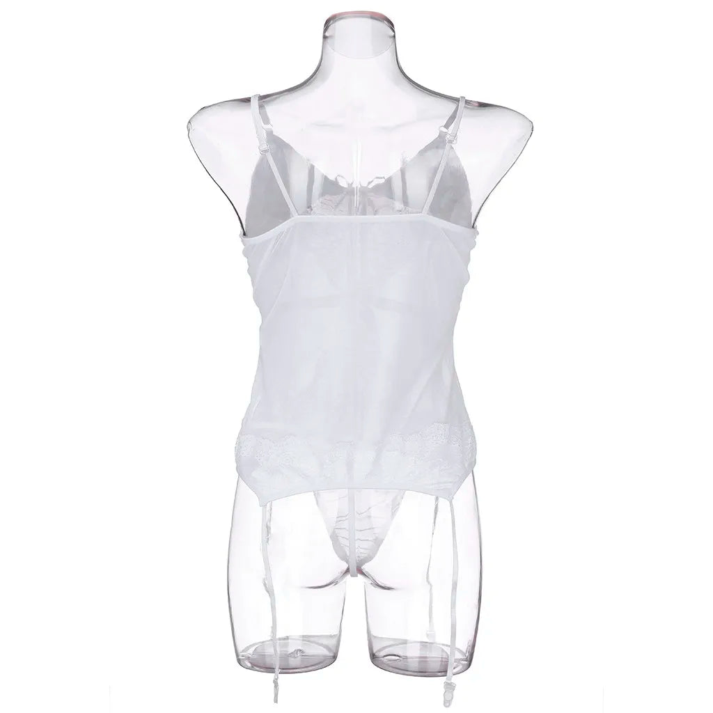 Women Lingerie Set White Bustier Corset Sexy Girdle Waist Cincher With Thong Sexy Perspective White Erotic Underwear Baby Doll