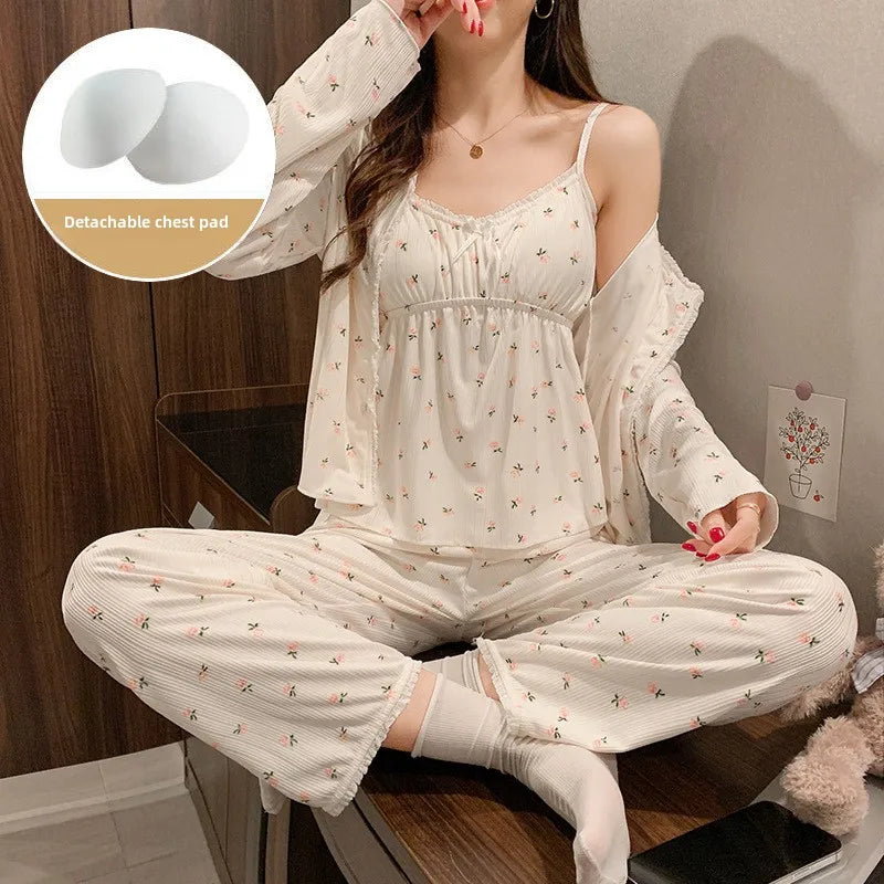 Pajama Three-Piece Set with Chest Pads Loungewear Sexy Long Sleeve Trousers Set Plus Size Nightwear Women Sling Sleepwear