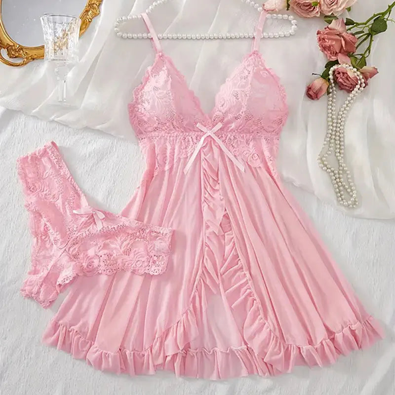 Women's Sexy Lingerie Dress Thin Style G-string Contrast Lace Ruffle Trim Lingerie Set Deep V Slip Thong Lencería Mujeres