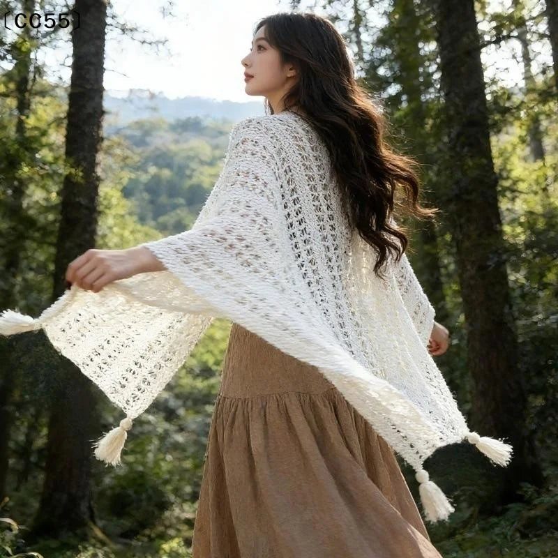Summer Mesh Lace Women Cover-Up With Tassels Elegant Beach Open-Front Sun Protection Shawl〔CC55〕