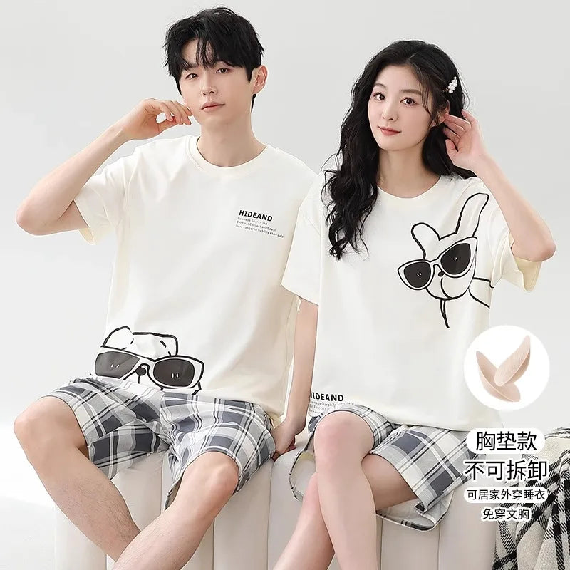 Lovers Pajama Set Cotton Cartoon Cute Nightwear For Men Women Homewear Plus Size Summer Thin Pyjamas Couples Pjs Loungewear