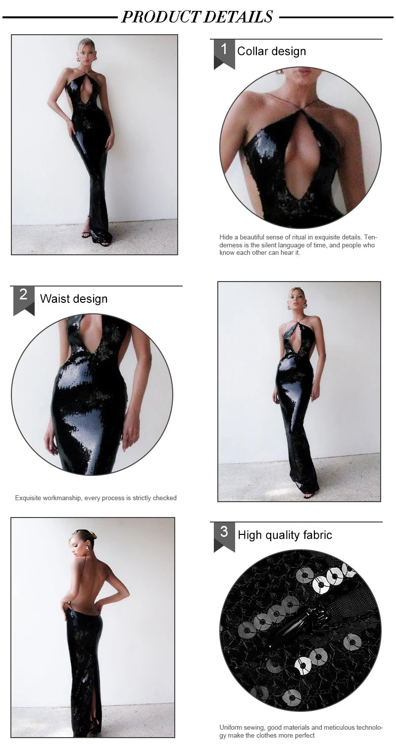 Sexy Sequin Halter Black Long Dress with Deep Plunge Cut-out – Summer New Backless Club Nights DJ Party Birthday Evening Dresses