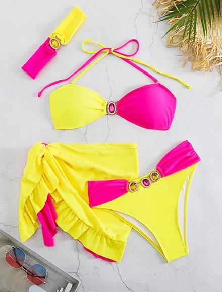 Sexy Patterned Bikini Top and Bottoms with Green Gemstones Perfect for Beach Wear and Pool Parties Summer Getaways Vacation Wear