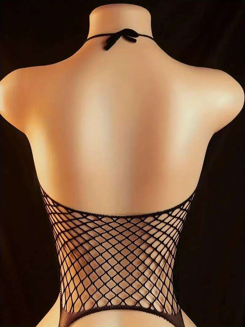 Erotic Open Buttocks Lingerie Women Fishnet Hollow Babydoll Dress Black Lace Bodystockings Sexy Halter Neck Baby Dolls Stockings