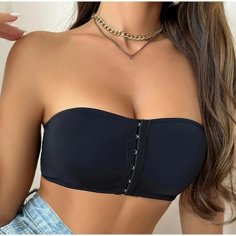 Strapless Front Button Bandeau Invisible Soft Cushion Tube Top Removable Padded No Underwire Wireless Bralette for Women