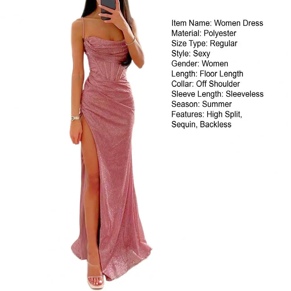 Sexy Women Evening Dress Spaghetti Strap Shiny Sequin Sleeveless Off Shoulder Low-cut High Split Prom Dress Long Party Dress