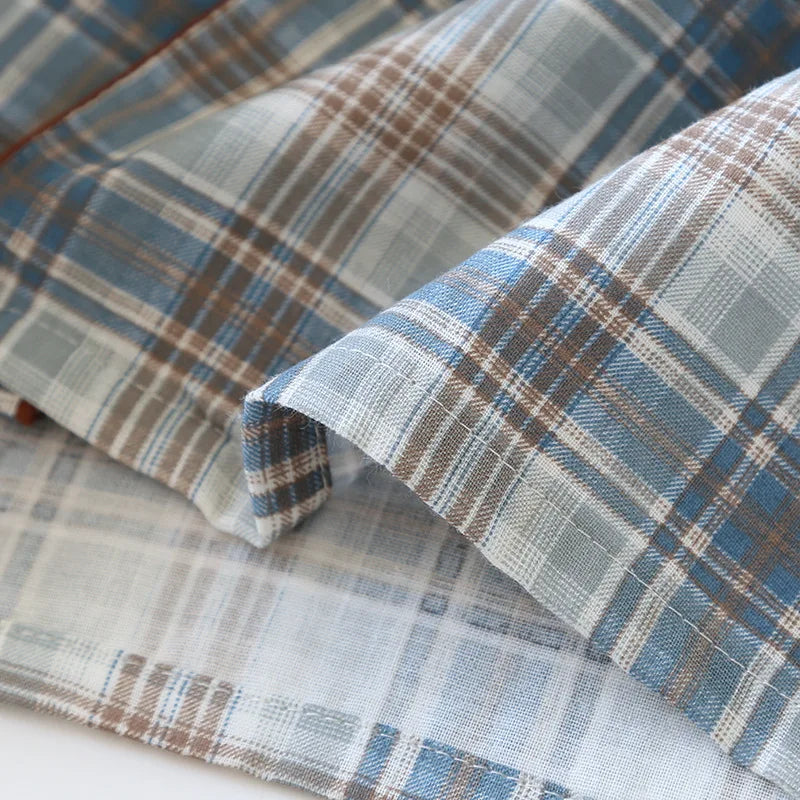 2026 Japanese New Men's Pajama Set Spring/Summer Checkered Simple Long sleeved Two Piece Set 100%Cotton Cardigan Home Furnishing