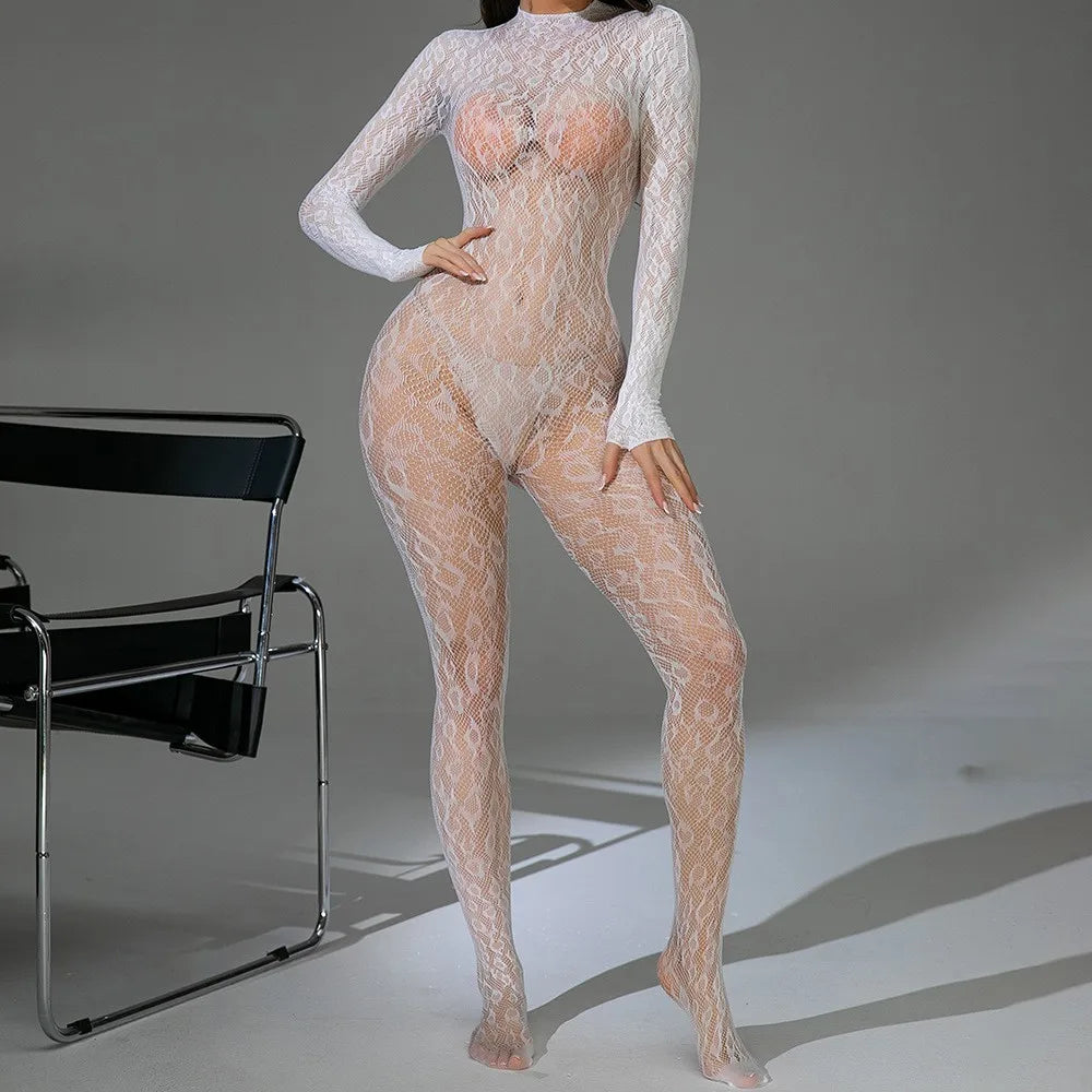 Sexy Teddies Bodysuit Fashionable Flower Print Elasticity Fetish Open Crotch Sexy lingerie Body Full Stocking Erotic Lingerie Co