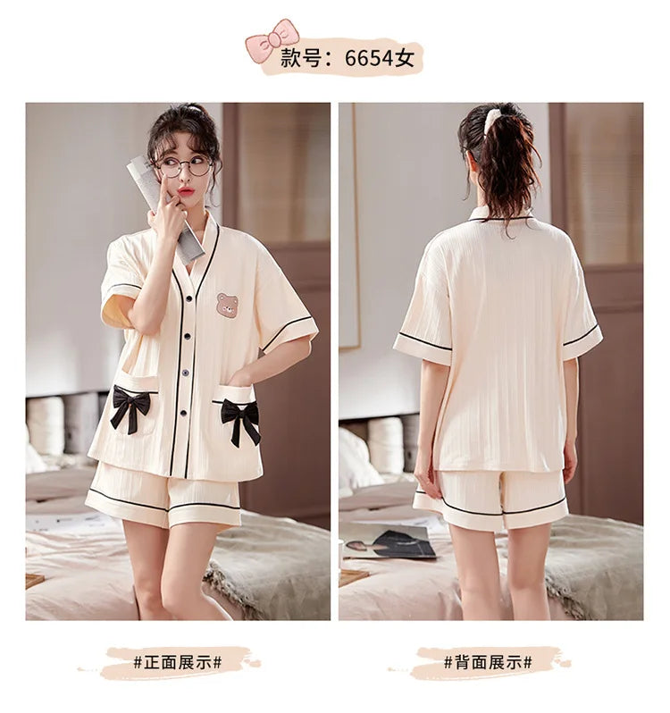 Summer Couple Pajamas Sets Cartoon Men Sleepwear Leisure Cotton Short Sleeve Women Kimono Homewear pijama Homme Mujer Dropship
