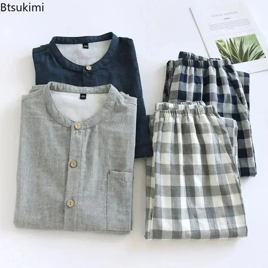 2026 Japanese Style Men's Cotton Pajama Sets Plaid Long Sleeve Trousers Sleepwear Sets Men Double-layer Cotton Homewear Lounge