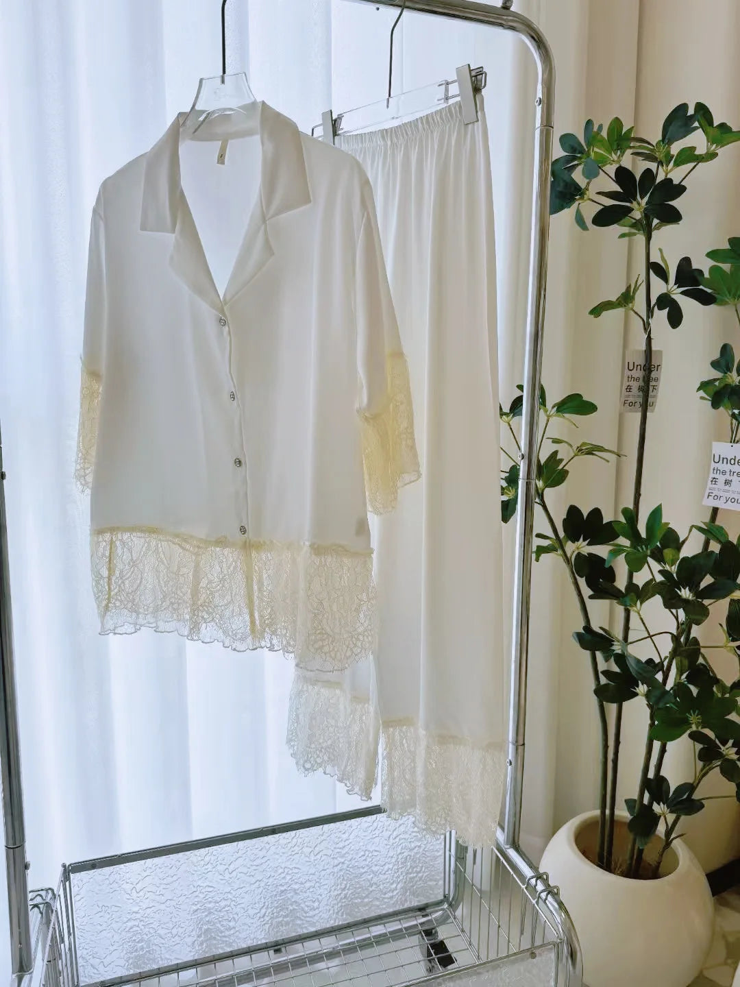 Female Pajamas 2PCS Set Lounge Wear Big Lace Trim Short Sleeve Shirt Trouser Pijamas Suit Sleepwear Pyjama Loose Homewear