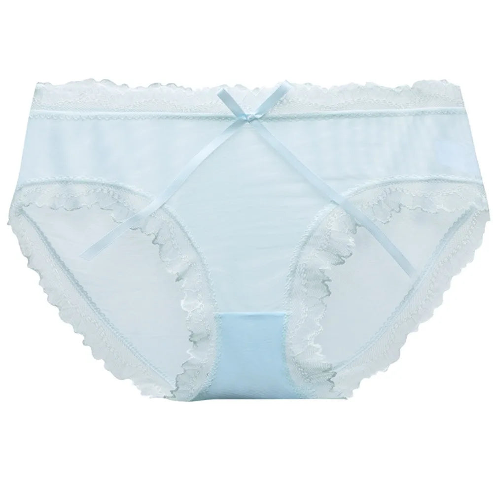 Lingerie Low Waist Lace Panties Ice Silk Cotton Crotch Mesh Briefs Bow Underwear for Women Summer