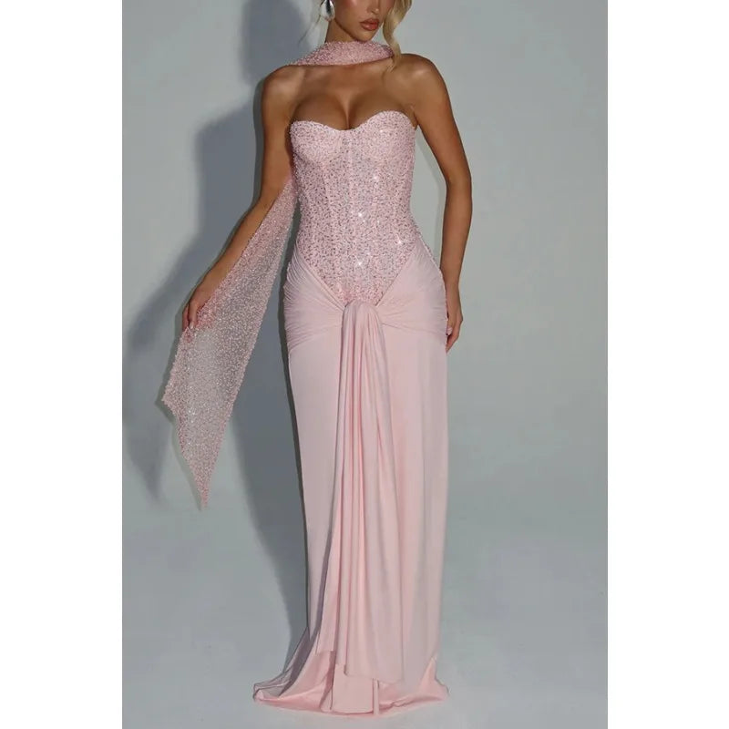 Sexy Women Sequins Party Wedding Dress Elegant Off Shoulder Slim Lace Graduation Ceremoney Mermaid Bodycon Corset Long Dress
