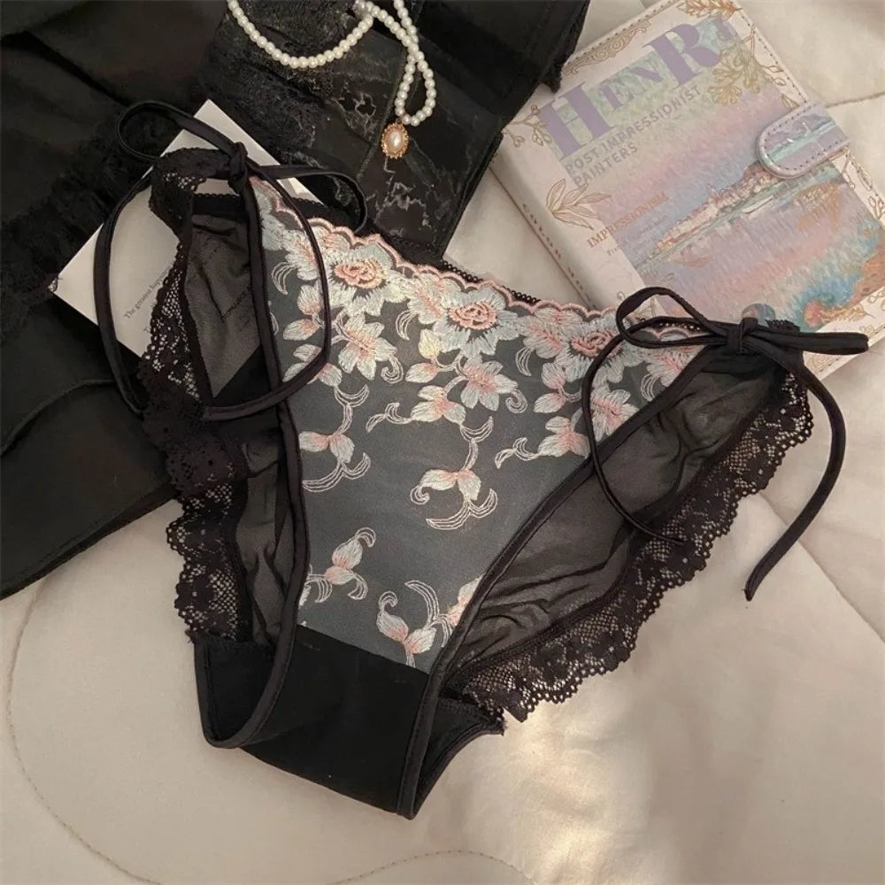 Lingerie Low Waist Embroidery Flower Panties Transparent Sweet Underwear for Women Cotton Crotch Lace-up Underwear Girl