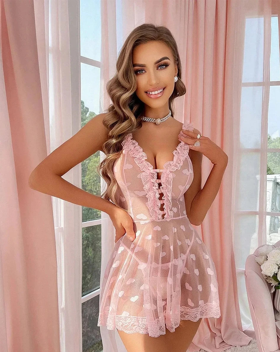 Romantic Lace Sexy Lingerie Babydoll Nightgown for Women with Ruffles Hollow Open Bra Design Love Sex Theme Seductive Erotic Cos