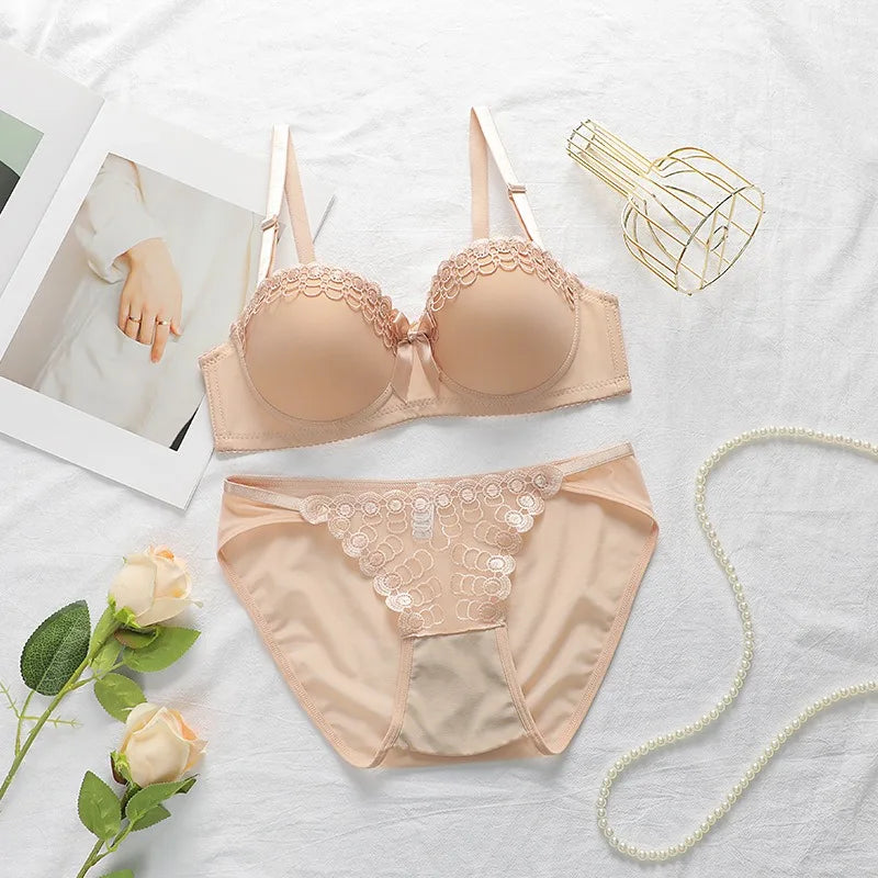Women's Embroidered Lace Lingerie Set Sexy Push Up Bra with Underwire Bowknot Design Matching Panty Stylish Intimates for Girls