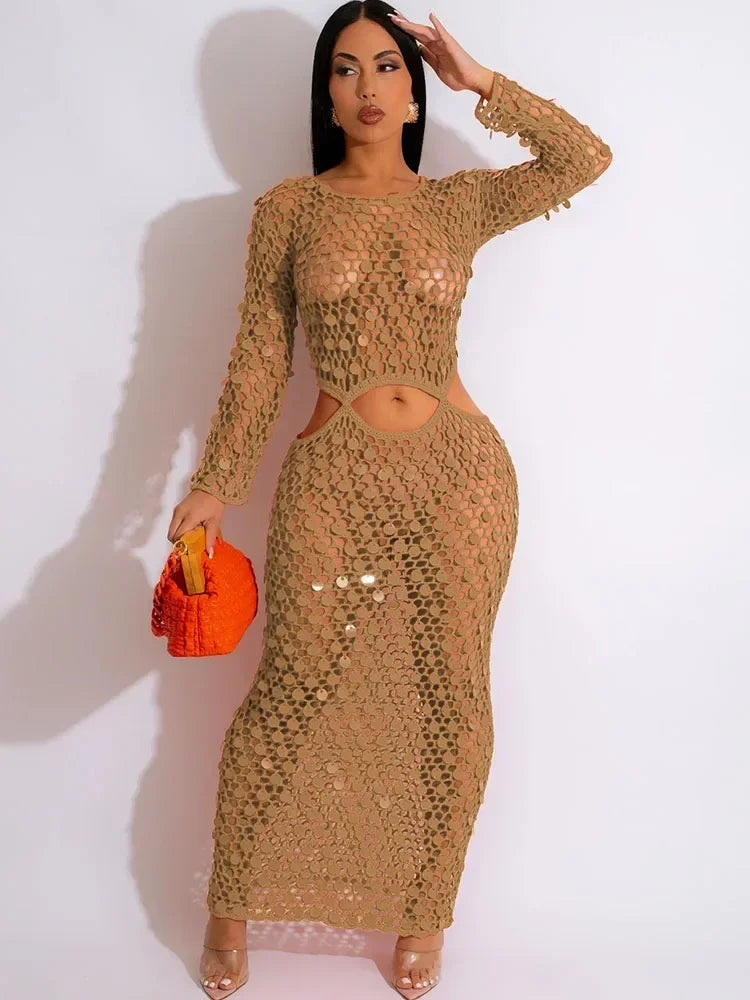 Sexy Party Dresses Sequined Crochet Knitted Beach Dress for Women Summer See-through Cover Up Bodycon Maxi Dress Vacation Club
