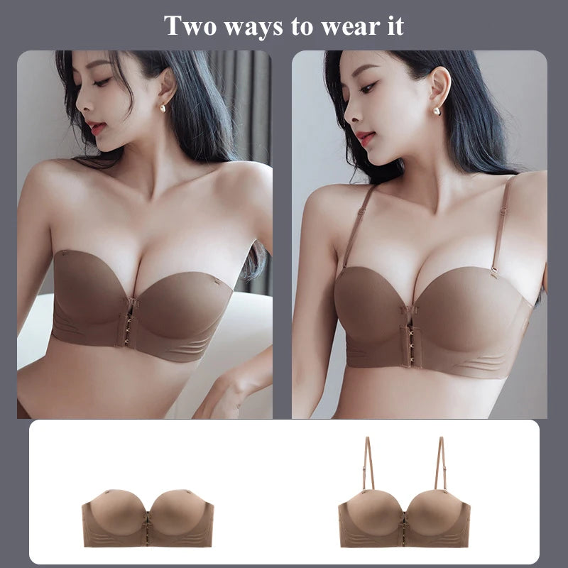 Women's Push-up Strapless Bras Front Buckle Brassiere Sexy Girls Small Chest Underwear Breathable Gathered Bralette Lingerie